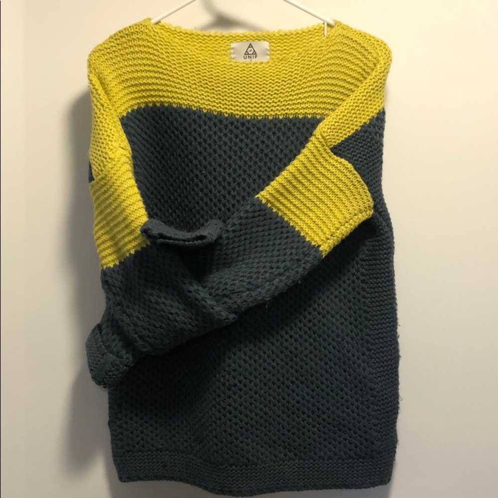 Lime green slate blue sweater